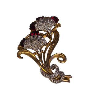 Antique Rare Unique Rhinestone Cast Fan-Shaped Flower Brooch (A8893)